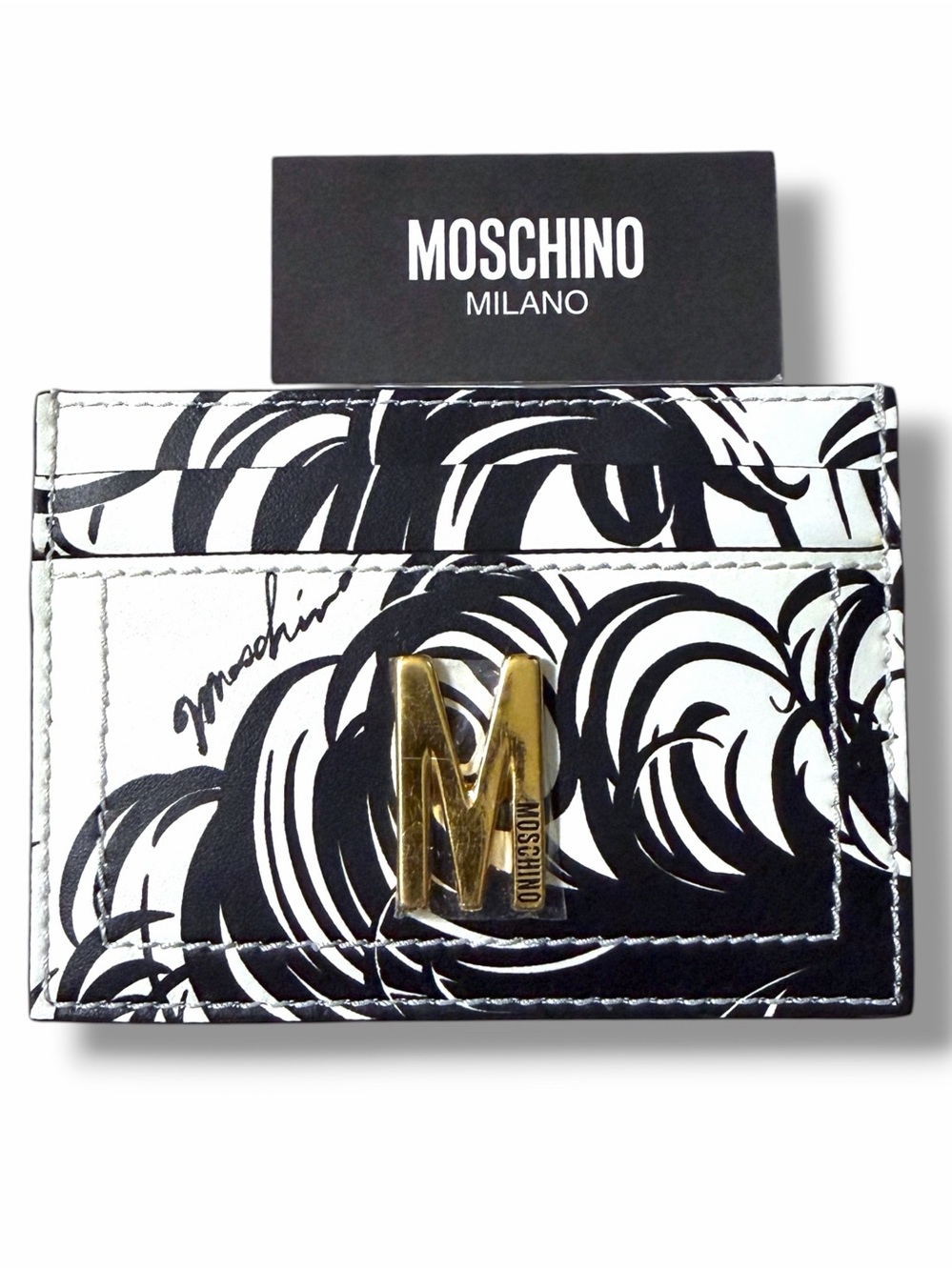 New Moschino Couture Black White Feather Print M Logo Leather Card Case Holder